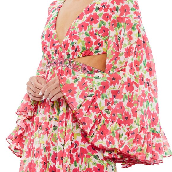 Mac Duggal Floral Print Bell Sleeve A-Line Dress - Picture 2 of 7